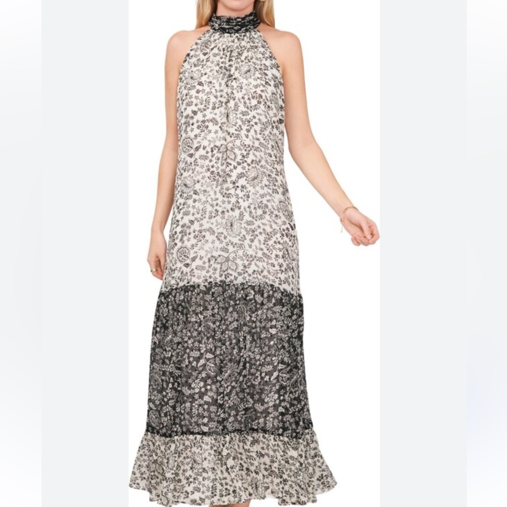 Vince Camuto Black and White Floral Halter Maxi Dress